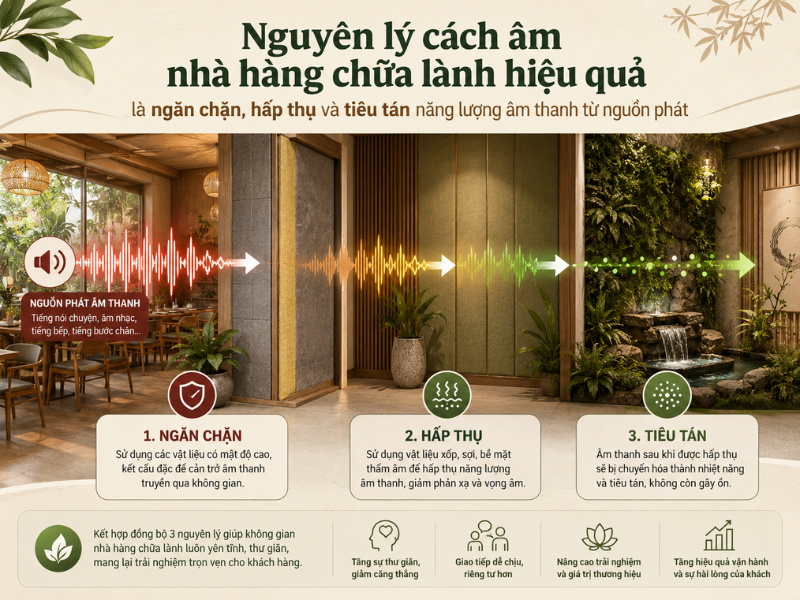  Nguyên lý cách âm nhà hàng chữa lành hiệu quả là ngăn chặn, hấp thụ và tiêu tán năng lượng âm thanh từ nguồn phát