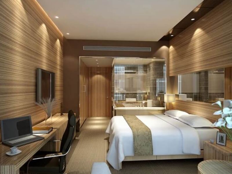 Phòng ngủ cách âm với tường thạch cao và cửa sổ hai lớp hiện đại