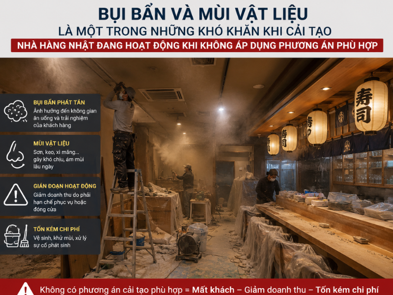  Bụi bẩn và mùi vật liệu là một trong những khó khăn khi cải tạo nhà hàng Nhật đang hoạt động khi không áp dụng phương án phù hợp