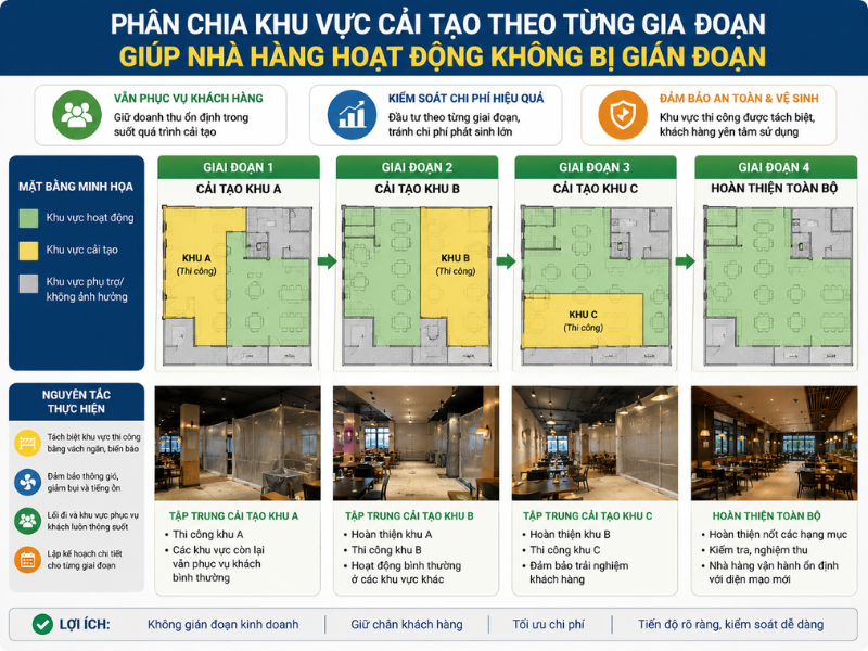  Phân chia khu vực cải tạo theo từng giai đoạn giúp nhà hàng hoạt động không bị gián đoạn