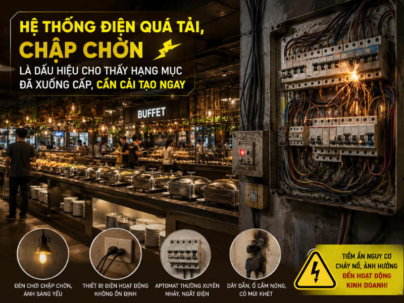 Hệ thống điện quá tải, chập chờn là dấu hiệu cho thấy hạng mục đã xuống cấp, cần cải tạo ngay