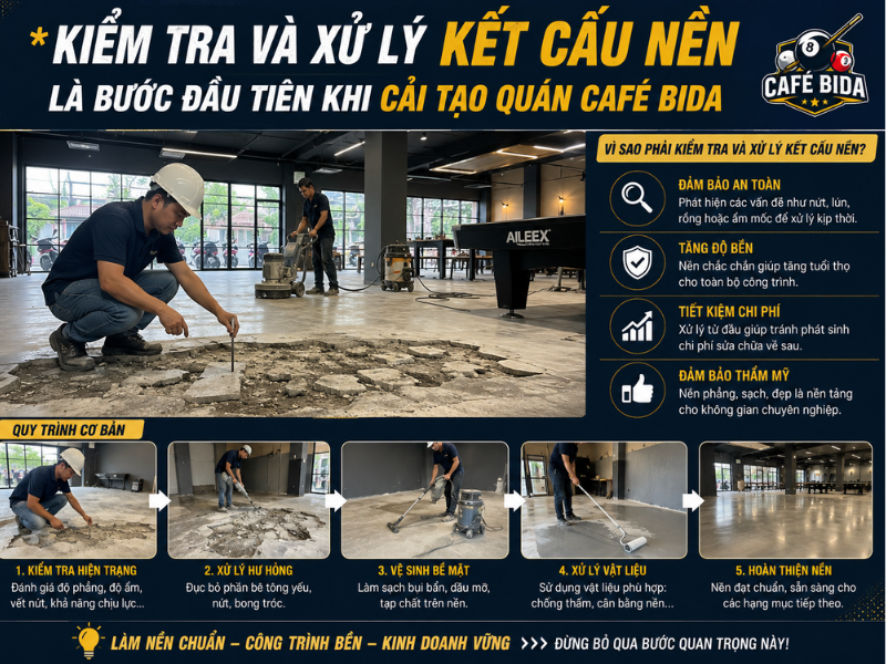  Kiểm tra và xử lý kết cấu nền là bước đầu tiên khi cải tạo quán café bida