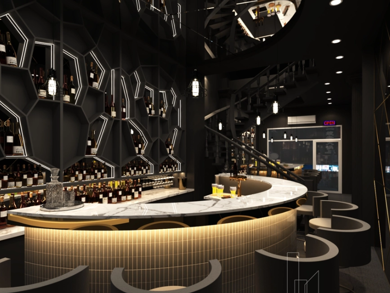  Mặt vân đá, hệ đèn hắt - nội thất hoàn thiện mẫu quán bar luxury