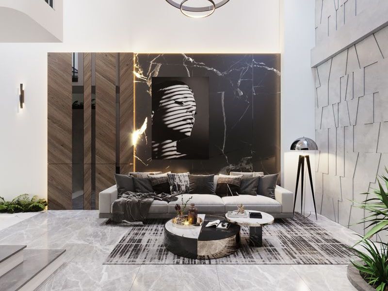 Ốp tường là cách cải tạo phòng khách nhà phố thông thoáng mà không chiếm diện tích